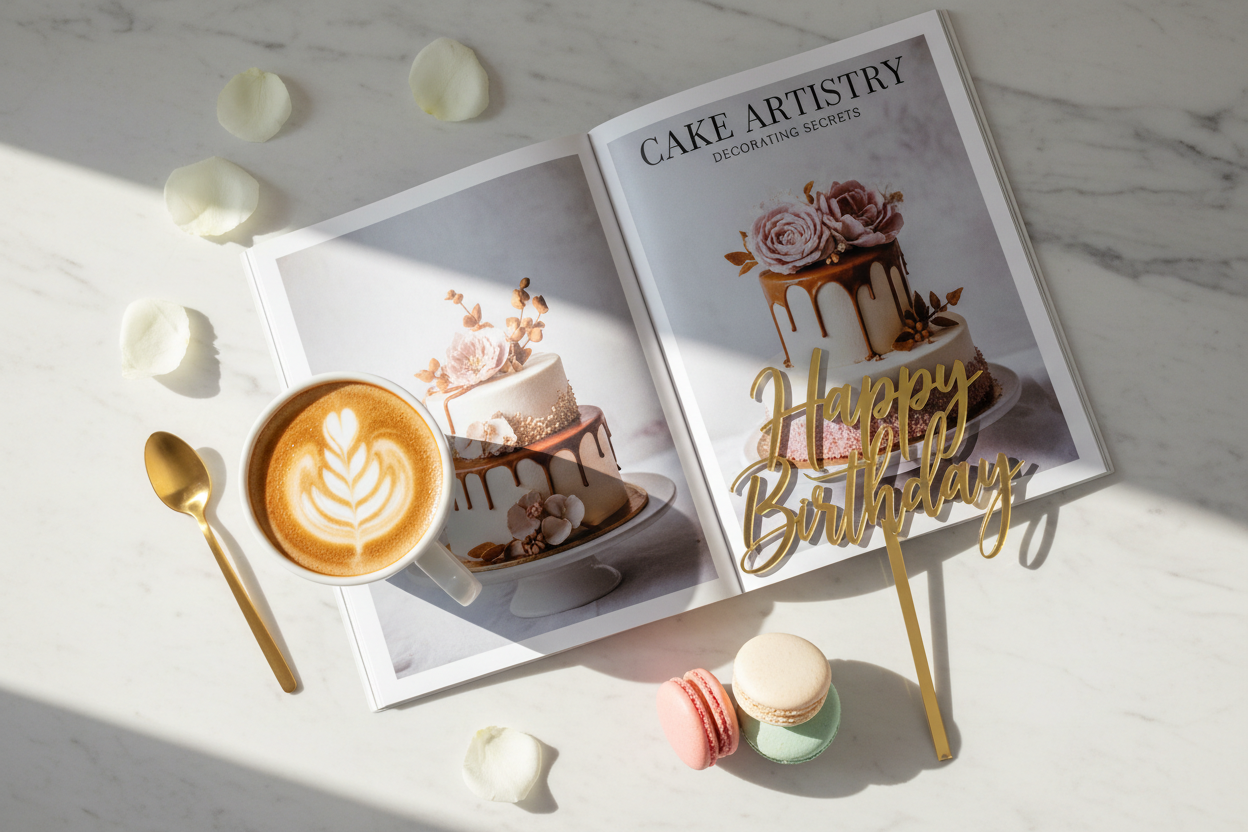 Tabletop with Coffee, Magazine and Cake Topper